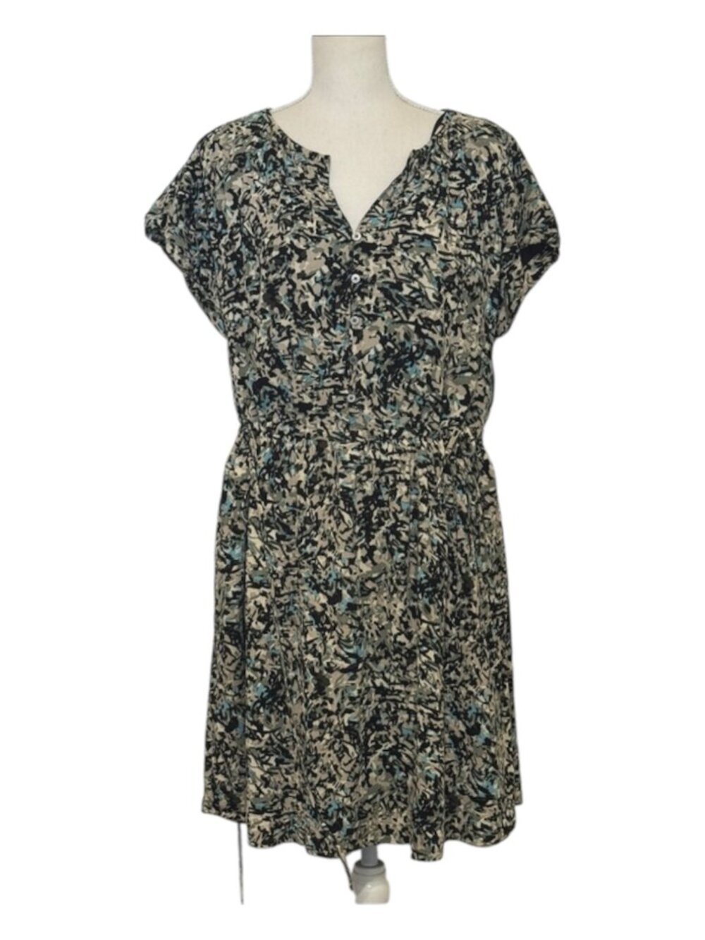 Loft Dress Women's Size Large Short Sleeve V-Neck Print Dress in Beige and Teal